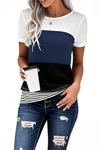 Daspkuwy Pullover Damen Kurzarm Rundhals Leicht Baumwolle Blended Strickpullover Gestreift Fühling Sommer Pulli (Navy,M) von Daspkuwy