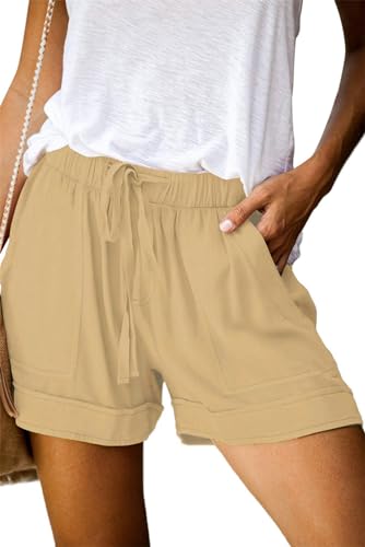 Daspkuwy Shorts Damen Sommer Baumwolle Elastisch High Waist Kurze Hosen Bequeme Causal Strandshorts Einfarbig Freizeit Shorts Sweatpants (Beige,L) von Daspkuwy