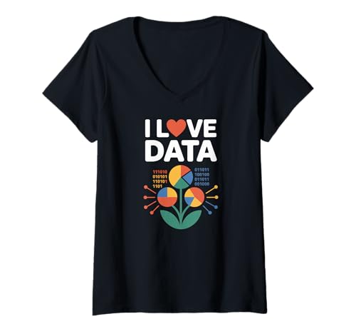 Damen I Love Data Binärdiagramm Blumendesign T-Shirt mit V-Ausschnitt von Data Enthusiast Binary Numbers Digital