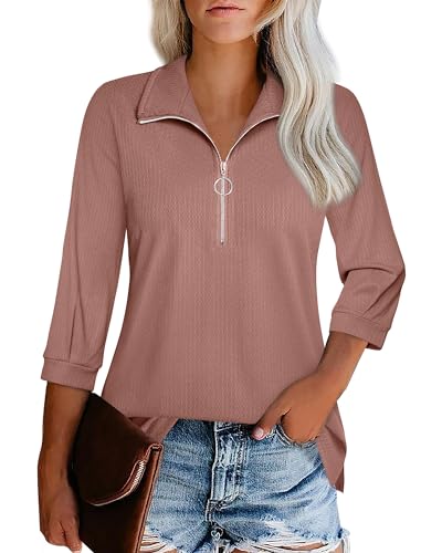 3/4 Ärmel Shirt Damen Rose Schicke Modische Oberteile Damen Elegant Blusen & Tuniken für Damen Festlich V-Ausschnitt T-Shirt Damen Langarm Unifarben Lässige Hübsche Schöne Blusen und Tuniken von Datuhao