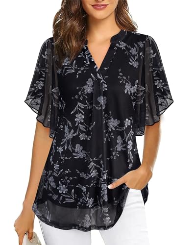 Bluse Damen Sommer Elegant Locker Oberteile Damen Kurzarm Tunika Lang A-Linie Festliche Blusen Damen zur Hochzeit Damenbluse Schwarz Moderne Abendblusen Falten Doppellagige Bluse mit Weite ärmel,L von Datuhao