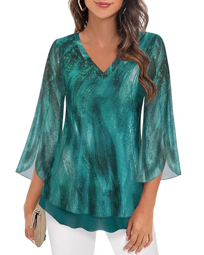 Damen Bluse 3/4 Arm, Abendblusen Damen Festlich Elegant Party Shirt 3/4arm Grün Longbluse übergröße Tunika Mesh Ausgestellte Ärmel Elegante Bluse mit Blumenmuster Schlupfbluse,XL von Datuhao