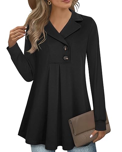 Damen Pulli Langarm Elegant Dünn Damenpulli Winter Arbeit Pullover Damen Schwarz Bügelfreie Formelle Pullover Tailliert Damen Knopfleisten Strickhoodie für Damen Lang Tunika A-Linie Sweatkleid von Datuhao