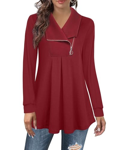 Datuhao Damen Pullover, Langarm Tunika Damen Lang Festliche Kleidung Damen Elegant Sweatshirt Helf Zipper Pullover Damen Edel Weinrot Damenpullover Elegant Burgundy Damenoberteile Leger Winter Tunika von Datuhao