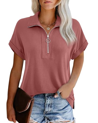 Damenblusen Sommer Elegant Bluse Damen Business Luftig Leichtes T-Shirt Damen V-Ausschnitt Modern Chice Schickes Oberteil Damen Festlich Bluse Shirt Rot Dament-Shirt Kurzarm Bluse mit Reverskragen von Datuhao