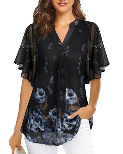 Damenblusen Sommer Elegant Kurzarm Shirt Damen Locker Lässig Ausgestellte Bluse Frauen Schwarz Lang Knitter Damen Bauch-Kaschieren Bluse Feiern Gehen Outfit Oberteil mit Mesh ärmeln Shirtbluse,M von Datuhao