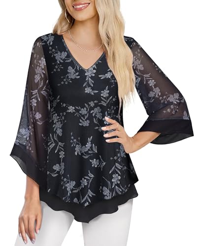 Datuhao Bluse Damen Elegant für Hochzeit Oberteil 3/4 Arm Schwarz Tunika Damen Große Größen Lang Doppellagiges Shirt Locker Lässig Ausgestellte Blusen V-Ausschnitt Blumen Tunikashirt von Datuhao