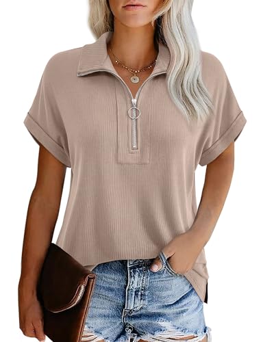 Datuhao Bluse Damen Sommer Elegant Kurzarm Business Damen Shirts Sommer Lockere Oberteile Leicht Kurze Bluse mit Zipper Polokragen Damen Drop Schulter Shirt Golfkleidung Frauen Damenhemdblusen von Datuhao