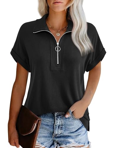 Datuhao Bluse Damen Sommer Elegant Kurzarm Schwarz Sommerbluse Leicht und Luftig Lockeres Shirt Oberteile Weit Stretch Funktionsbluse Extended Shoulder Shirt mit Kragen, XL von Datuhao