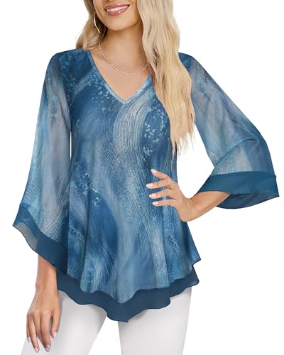 Datuhao Blusenshirt Damen 3/4 Arm Elegant Longtunika Lässig Doppellagige Bluse Blumenmuster Bunte Tunika Blusen Damen Elegant Festlich Frühling Outfits Bluse Rüschenärmel Lagenbluse von Datuhao