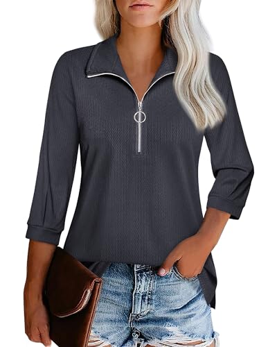 Datuhao Damen Bluse, Damen Shirt 3/4 Arm mit Zipper Kragen Taillierte Stretch Bluse Business Fashion Trendy Bekleidung Arbeits Tshirt Damen Dreiviertel Ärmel Bluse Pflegeleicht Funktionsshirt,L von Datuhao