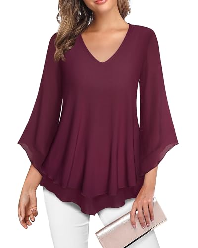 Datuhao Damen Bluse, Tunika Damen Elegant 3/4 Arm Festliche Blusen Damen zur Hochzeit Abend Oberteil Schößchen Bluse Damen Lang V-Ausschnitt Oberteil Bauch Kaschieren Tunika mit Trompetenärmel von Datuhao