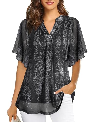 Datuhao Damen Bluse Sommer Elegant Locker Kurzarm Blusen Tunika Damen Lang übergröße Damen Oberteile Modern Flatterbluse Leichtes Sommer Shirt Damen Lässig Ausgefallene Oberteile Damen Bunt Tunika von Datuhao