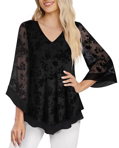 Datuhao Damen Oberteile Elegant Festlich 3/4 Arm Schwarze Tunika Damen Langarm Frühling Shirt Schick Leicht Fallend Bluse Lockere Passform Oberteil in A-Linien Form Shirt mit Rüschenärmeln von Datuhao