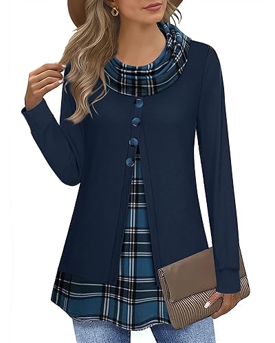 Datuhao Damen Pullover Business Langarmshirt Elegant Rollkragen Pulli Damen Winter Oberteile Langarm Turtleneck Shirt Damen Locker Lässige Pullover Damen Blau Langärmlig Herbstpullover Kariert,M von Datuhao