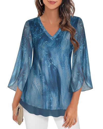 Datuhao Damen Shirt 3/4 Arm Elegant Damenbluse Lang Geschnitten Weite Blusen Damen Tunika Bunt Frühlingkleidung Wasserfall Shirt Leicht Luftig Stretch Longtunika Lässig für Leggings,XXL von Datuhao