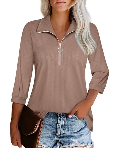 Datuhao Damen Shirt T-Shirt 3/4 Arm Damen V-Ausschnitt Oberteil Langarm Frühling Tshirt Bluse mit Kragen Damen Büro Outfit Freizeit Lockeres Langarmshirt Damen Outdoorbluse von Datuhao