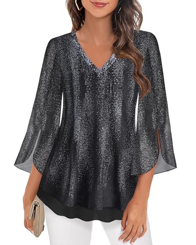 Datuhao Damenbluse Elegant Festlich 3/4 Arm Bluse Abendmode Damen Modern Shirt Langarm Damenbekleidung Frühling Bluse für Frau 3/4 Arm Tunika Damen Grau A-Linien Damenoberteile Modern Elegant von Datuhao