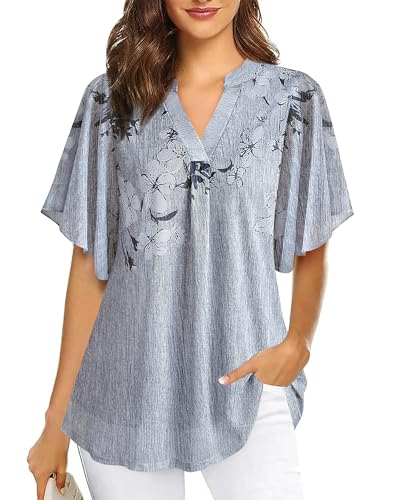 Datuhao Damenbluse Kurzarm Sommer Elegant Bluse Tunika Große Größen Festlich Sommer Outfits Damen Elegant Kleidung Bluse für Den Abend Sommerbluse Damen Lang Luftig Kurzarmtunika Grau Blumen von Datuhao