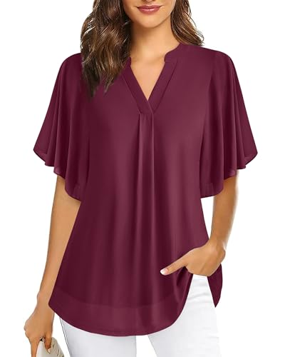 Datuhao Festliche Bluse Damen Elegant Hochzeit Kurzarm Tunika Sommer Lang Weinrot Oberteil Schick Edel Sommermode 2024 Weich Fallende Shirt Rot von Datuhao