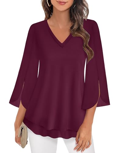 Datuhao Festliche Blusen Damen zur Hochzeit Tunika Elegant Lang Schicke Bluse Festlich Langarm Oberteil Locker Elegant Rote Blusen für Damen Party Abend Shirt mit Rüschenärmel Weinrot von Datuhao