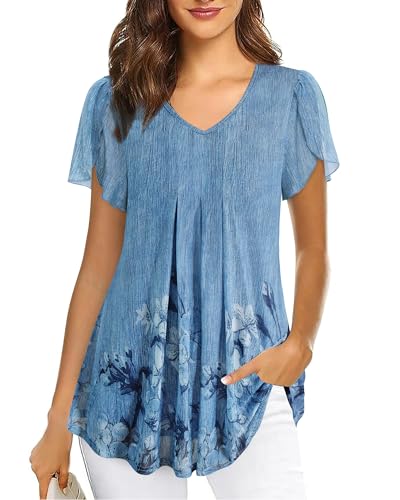 Datuhao Damen Bluse Tunika Kurzarm Sommer Rüschenbluse Florale Bluse Elegant Blouses for Women Short Sleeve Tunic Casual Freizeitblusen Lagenbluse von Datuhao