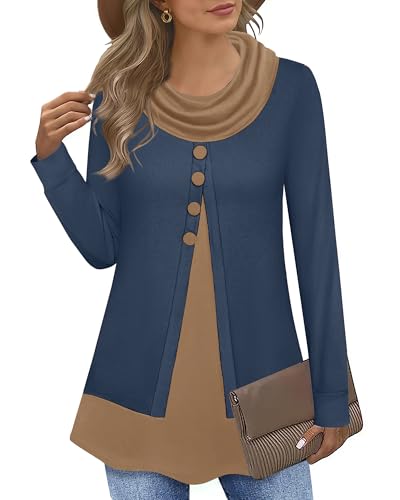 Datuhao Damen Pulli Winter Elegant Arbeitspullover Lang Dünn Warme Feinstrick Herbst Dunkelblau Pullover Mit Schalkragen Longshirt Lässig Sweatshirt Ohne-Kapuze von Datuhao