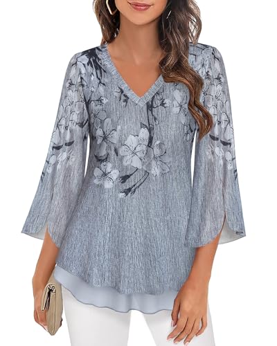 Datuhao Shirt Damen Elegant Festlich 3/4 Arm Bluse mit Blumen Damen Oberteil Frühling Mode Damen Tuniken Lang Doppellagiges Shirt Damen Locker Lässig Tunika A Linie Damen Fließende Bluse Grau,M von Datuhao