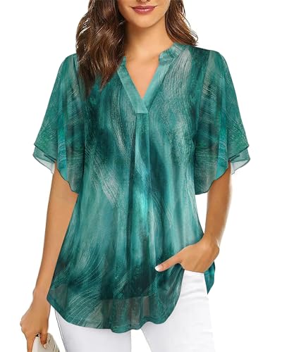 Datuhao Tunika Bluse Kurzarm Damen Sommer Lang Festliche Kleidung Große Größen Leichte Sommerbluse Party Elegant V-Neck Wasserfall Shirt Grün Runder Saum, XXL von Datuhao