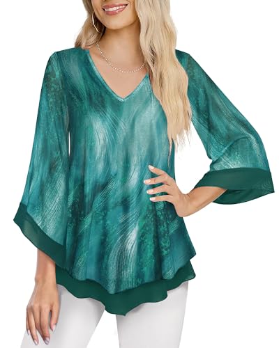 Grüne Bluse Damen Elegant Longbluse Damen Frühling Tunika Lässig Geblümt Oberteile Damen Langarm Shirtbluse Locker Schicke Blusen Festliche Bekleidung für Damen Elegant Tunic Tops for Women,XL von Datuhao