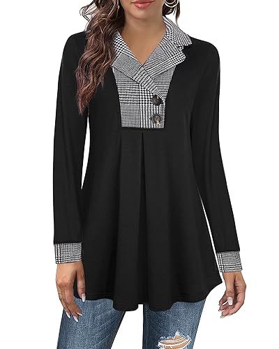 Langarm Pullover Damen Große Größen Winter V-Ausschnitt Casual Warm Elegante Lange Pullis für Leggings, Longhoodies Winter Tunika Langarm Herbst Hoodie Hahnentritt von Datuhao