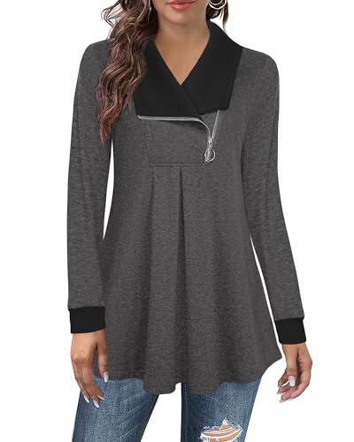 Langarmshirt Damen Elegant Lang Tunika Damen Langarm Winter Pullover mit Kragen Damen Ausgefallene Pullis Damen Kleidung Winter Long Hoodie Women Sweater Wasserfall Pullover Bauch Kaschieren,L von Datuhao