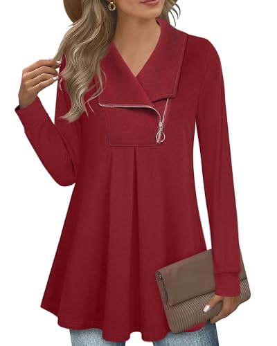 Longpullover für Damen Winter Langarm Longshirt Damen Elegant Festlich Rote Sweatshirt Damen Lang Langarmshirt Locker Weihnachten Pullover mit Reverskragen Hoodie Longsleeve Winter Damenpulli von Datuhao