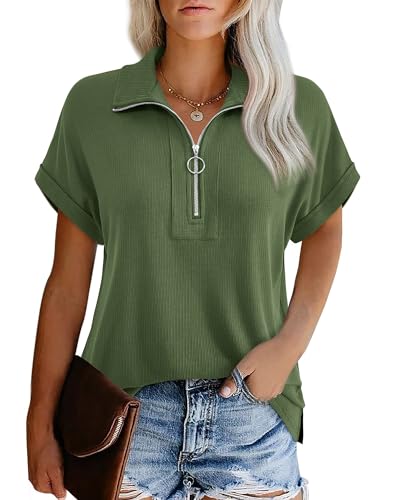 Oberteil Damen Kurzarm Elegant Büro Polo Tshirt Damen Sommer Grün Moderne Damen Blusen mit Kragen Oberteile Damenmode Sommer Loose fit Shirt Kurze ärmel Damen Drop Shoulder Half Zip T-Shirt,M von Datuhao