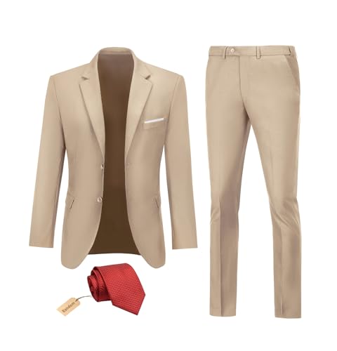 Datysum Herren Anzug 2-teilig Trauzeugen Smoking Abschlussball Blazer Slim Fit Anzüge Zwei Knöpfe Hochzeitskleid Jacke Hose Set mit Krawatte, Champagner, XL von Datysum