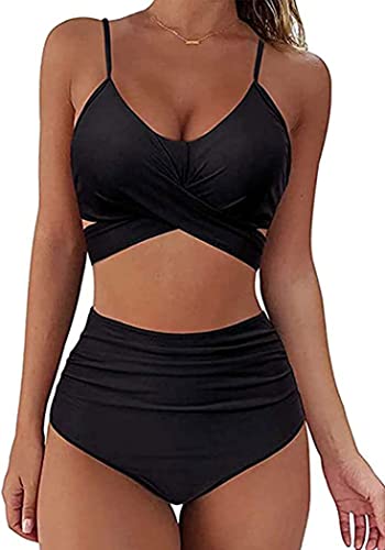 Damen Badeanzug Zweiteiliger Schwimmanzug Push Up Badeanzüge Gerüschter Saum Hoher Taille Sport Bauchweg Bademode Swimsuit von Davicher