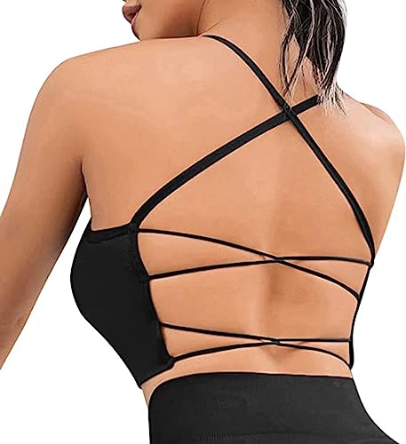 Damen Sport BH Gepolstert Crossback Fitness Yoga Sports Bra Spaghettiträger Rücken Verkreuzt Gerippt Bustier Ohne Bügel Abnehmbaren Gym BH Sportbekleidung Black M von Davicher