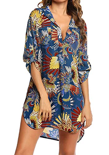 Damen Strandkleid Bikini Vertuschen Bedrucktes Hemd Bluse Strand Poncho Sommer Bademode Pareos Strandkleider Strand Vertuschen Shirt Beachwear Blue von Davicher