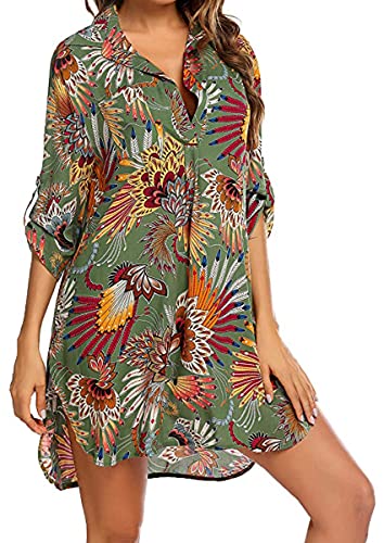 Damen Strandkleid Bikini Vertuschen Bedrucktes Hemd Bluse Strand Poncho Sommer Bademode Pareos Strandkleider Strand Vertuschen Shirt Beachwear green S von Davicher