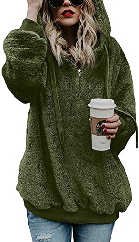 Davicher Damen Kapuzenpullover Hoodie Teddy-Fleece Pullover Übergroßer Herbst Winter Warm Oberteil Langarm Casual Sweatshirt mit Taschen Winter Warme Oberbekleidung Armeegrün L von Davicher