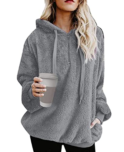 Davicher Damen Kapuzenpullover Hoodie Teddy-Fleece Pullover Übergroßer Herbst Winter Warm Oberteil Langarm Casual Sweatshirt mit Taschen Winter Warme Oberbekleidung dunkelgrau L von Davicher