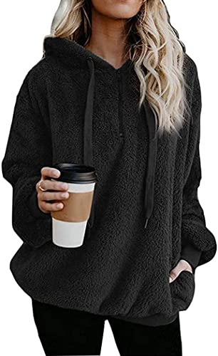 Davicher Damen Kapuzenpullover Hoodie Teddy-Fleece Pullover Übergroßer Herbst Winter Warm Oberteil Langarm Casual Sweatshirt mit Taschen Winter Warme Oberbekleidung Schwarz L von Davicher