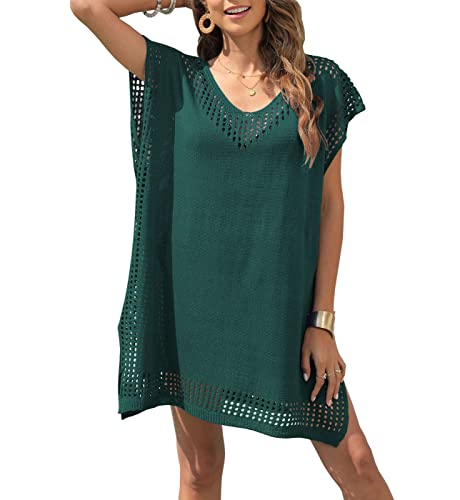 Davicher Damen Strandkleid Gestrickte Pareos Strandkleider V-Ausschnitt Sommer Bademode Badeanzug Bikini Cover Up Aushöhlen Cutout Crochet Cover Ups Strandponcho Beachwear von Davicher