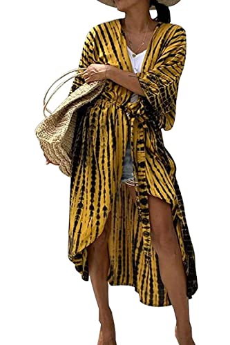 Davicher Damen Strandkleid Long Beach Kleid Lose Sommer Sarong Pareos Strandkleider Vertuschungen Maxi Strandkleid Boho Kimono Lang Beachwear Cardigan Blumen Bluse Bademode Bikini Cover-Up von Davicher