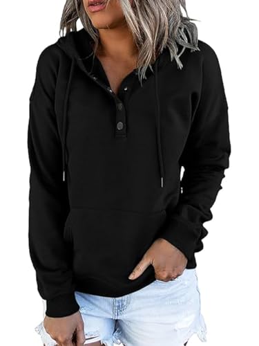 Davicher Kapuzenpullover Hoodie Damen Knopfleiste Hoodie Pullover Langarm Herbst Winter Sweatshirt Oberteil Pulli Casual Einfarbig Sweatjacke Tops von Davicher