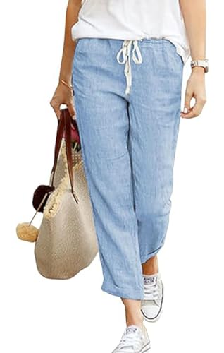 Hose Damen Leinen Sommerhose Casual Baumwolle Leinenhose 7/8 Leicht Stoffhose Loose Bequeme Luftige Kordelzug Freizeithose Einfarbig Strandhose Mit Taschen von Davicher