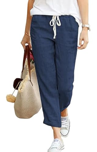 Hose Damen Leinen Sommerhose Casual Baumwolle Leinenhose 7/8 Leicht Stoffhose Loose Bequeme Luftige Kordelzug Freizeithose Einfarbig Strandhose Mit Taschen von Davicher