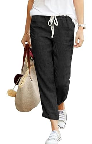 Hose Damen Leinen Sommerhose Casual Baumwolle Leinenhose 7/8 Leicht Stoffhose Loose Bequeme Luftige Kordelzug Freizeithose Einfarbig Strandhose Mit Taschen von Davicher