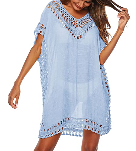 Strandkleid Damen Beachwear Bikini Cover Ups V-Ausschnitt Pareos Strandkleider Sommer Strandponcho Strandurlaub Locker Bademode Strandtunika Vertuschen Shirt von Davicher