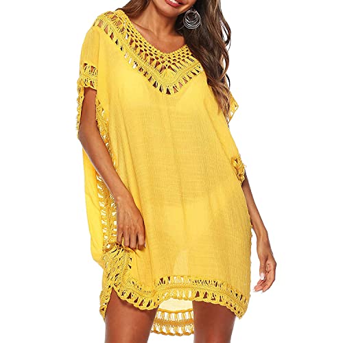 Strandkleid Damen Beachwear Bikini Cover Ups V-Ausschnitt Pareos Strandkleider Sommer Strandponcho Strandurlaub Locker Bademode Strandtunika Vertuschen Shirt von Davicher